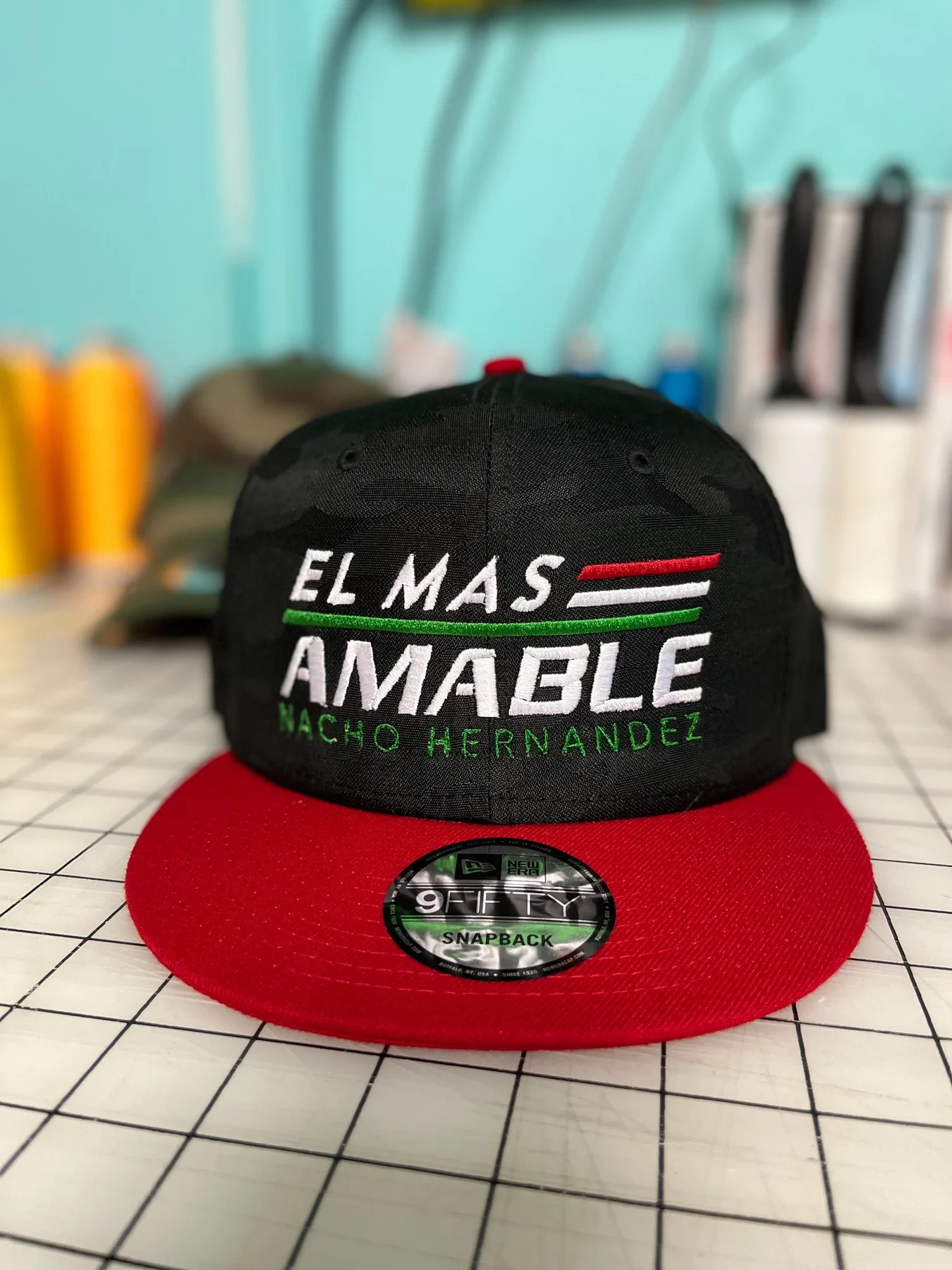 Custom embroidered black and red business hat