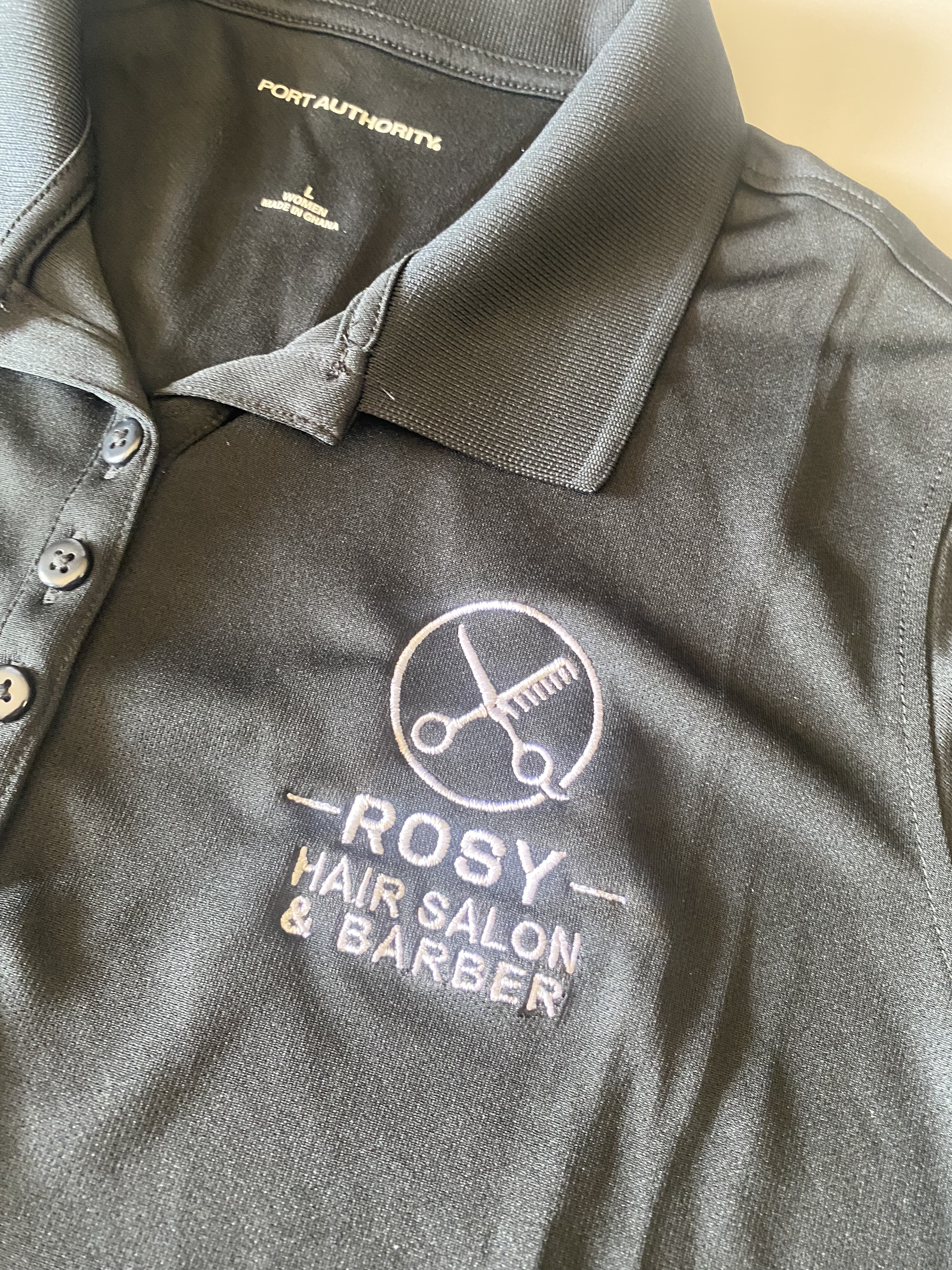 Custom Embroidered Polo for Rosy Hair Salon Barbershop — Modesto, CA