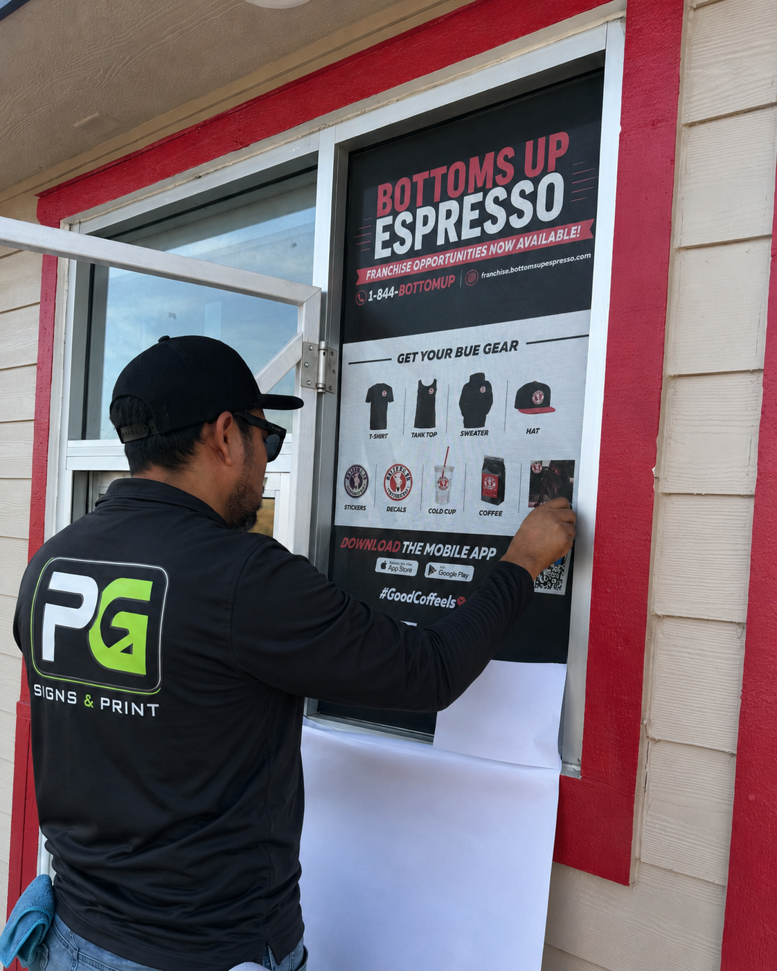 Window Graphic Installation for Bottoms Up Espresso
