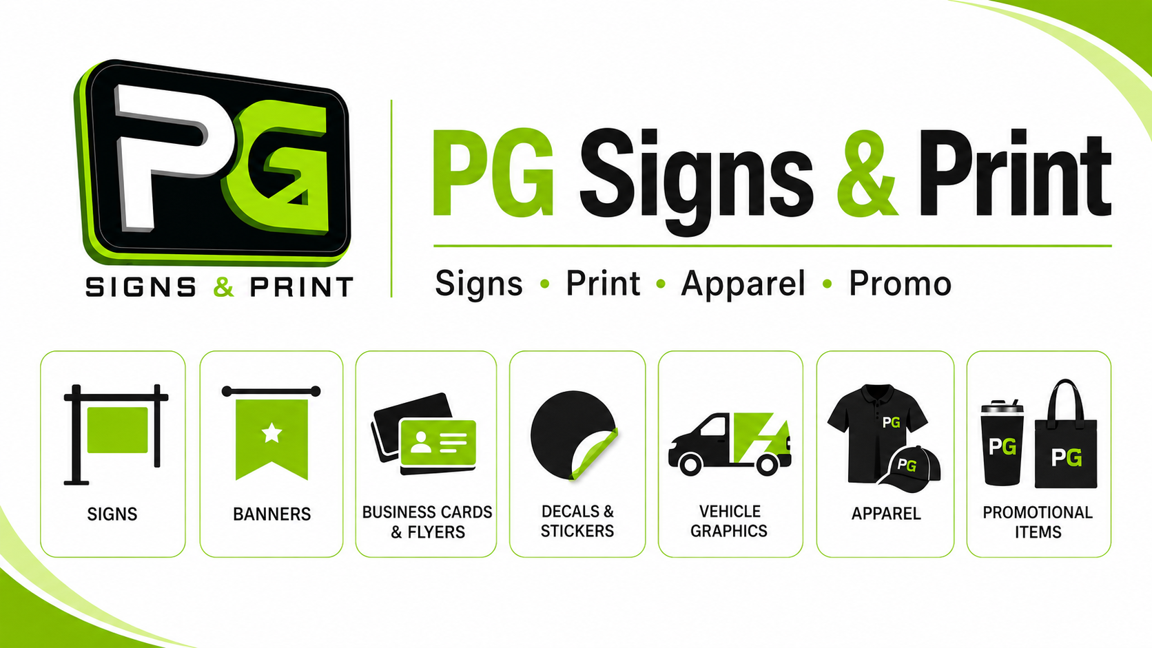 PG Signs & Print featured services: signs, banners, business cards and flyers, decals and stickers, vehicle graphics, apparel, and promotional items.