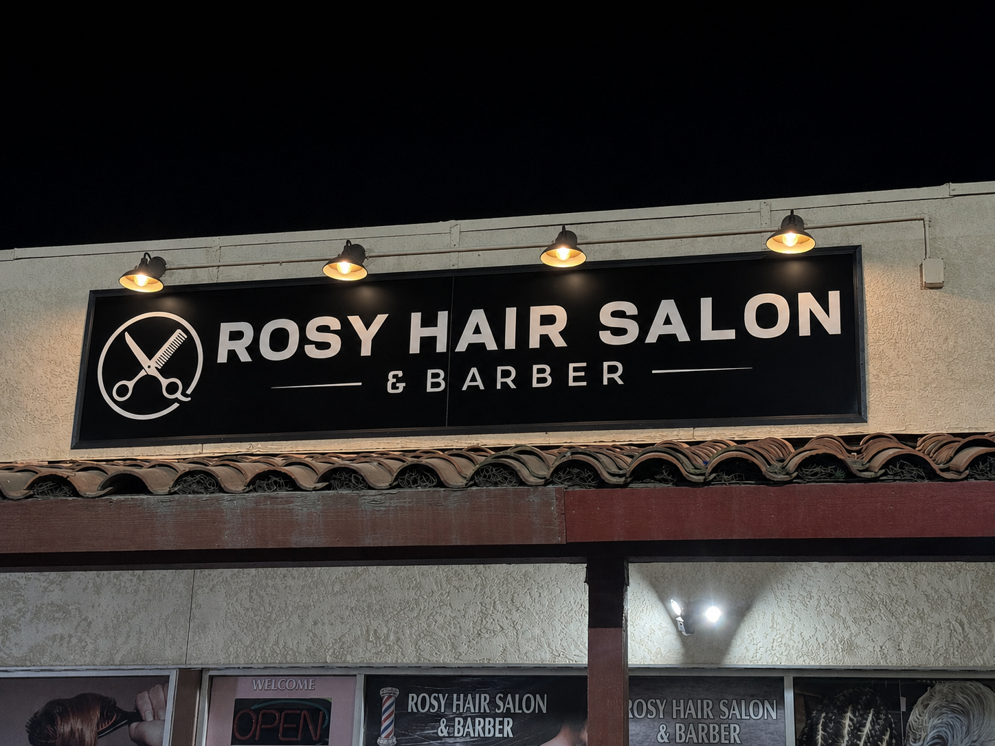 06 Completed storefront sign and lighting — Rosy's Hair Salon & Barber — Modesto, CA